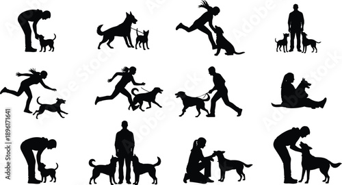 Black Silhouette Set of People Playing and Training with Dogs, Men and Women Interacting with Pets in Various Active Poses, Isolated
