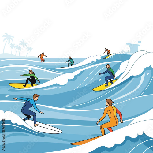 Surfers Riding Waves at Tropical Beach with Palm Trees and Lifeguard Tower