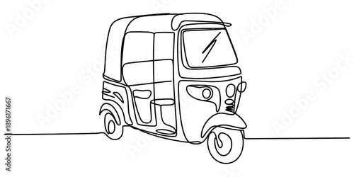 Continuous line drawing of a three-wheeled vehicle, an auto rickshaw, or tuk-tuk, on a white background