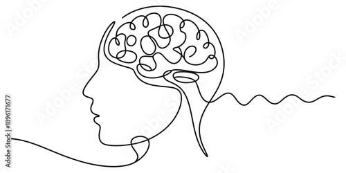 Continuous line drawing of a human profile with a brain representing thinking