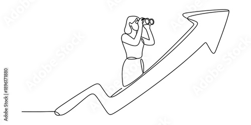 Continuous line drawing of a woman with binoculars on an upward arrow, representing business vision and future growth Vector, illustration