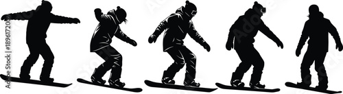Snowboarder silhouette, sequence, action, poses, winter, sport, snowboarding, motion, set, athlete, trick, balance, extreme, illustration, isolated, white, background