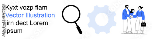 Teamwork, productivity, analysis, business strategy, communication, collaboration. Magnifying glass, gear symbol and two professionals shaking hands. Teamwork and productivity concepts