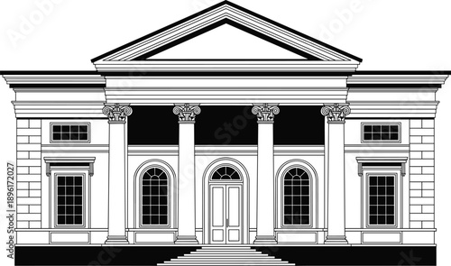 Classical Courthouse Building Vector Illustration, Neoclassical Architecture with Columns and Pediment, Government Office Legal Institution or Museum Exterior Design Element