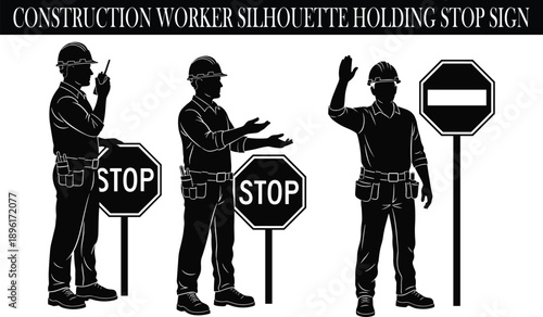 Construction worker silhouette holding stop sign, traffic controller flagger directing road safety, industrial professional in hard hat managing transport security zone.