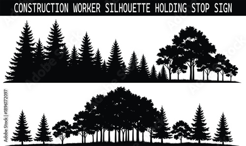 Construction worker silhouette holding stop sign, traffic controller flagger directing road safety, industrial professional in hard hat managing transport security zone.