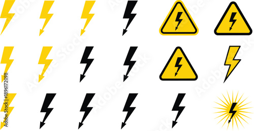 Collection of yellow and black lightning bolt icons and electric hazard warning symbols for energy, power, and high voltage design.