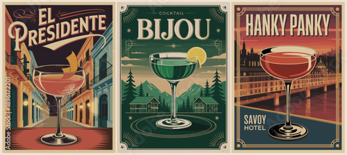 Art Deco style triptych of classic cocktails El Presidente, Bijou, and Hanky Panky with decorative borders, city and nature backdrops, on dark backgrounds.