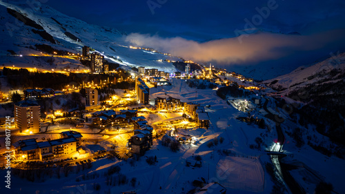 Aerial view of Les Menuires in Les Trois Vallees or The 3 Valleys at sunset