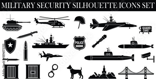 Military security silhouette icons set, army navy police equipment vehicles weapons, defense surveillance symbols, black vector illustration collection design graphics