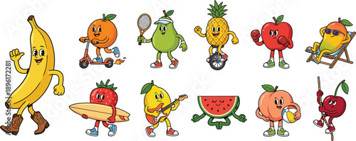 Cute fruit character vector set collection of funny food mascots doing summer sports and activities isolated on white background for lifestyle design