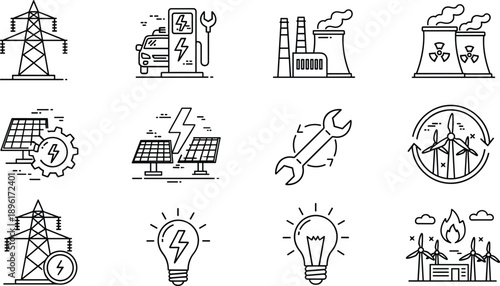 Energy and Electricity Icon Set Featuring Solar Panels, Wind Turbines, Nuclear Power Plants, Electric Vehicle Charging, and Industrial Maintenance Service Symbols