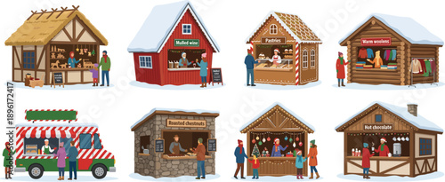 Christmas market stall vector set collection of wooden winter fair booths and holiday street shops isolated on white background for seasonal sale