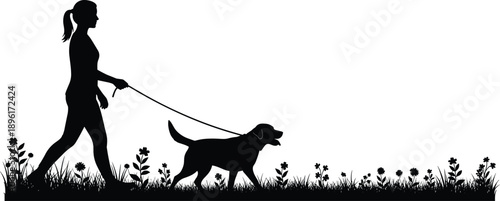 Woman walking dog silhouette on leash, outdoor nature scene, pet care concept, minimal black illustration on white background