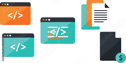 Flat Vector Illustration of Web Browser Windows with Code Symbols, Digital Document Files, and Financial Data Icons for Software Development Projects
