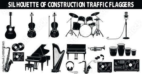 Silhouette of construction traffic flaggers holding stop signs, workers in hard hats directing road safety with radio, industrial safety personnel.