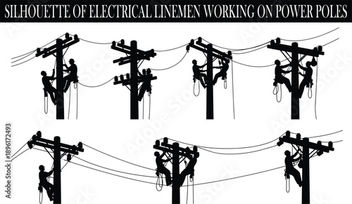 Silhouette of electrical linemen working on power poles, professional utility workers repairing high voltage electricity lines for industrial energy infrastructure maintenance.