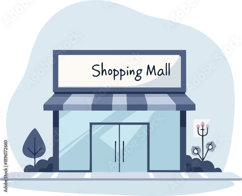 Modern Shopping Mall Building Blue Glass Facade Striped Awning Entrance Trees Plants Front View Flat Cartoon Vector Illustration.