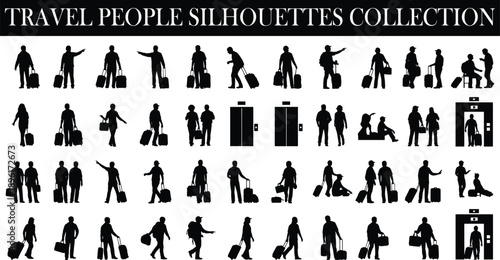 Travel people silhouettes collection, passengers with luggage activities set, airport transport scenes, black human figures, tourism journey vector illustration design