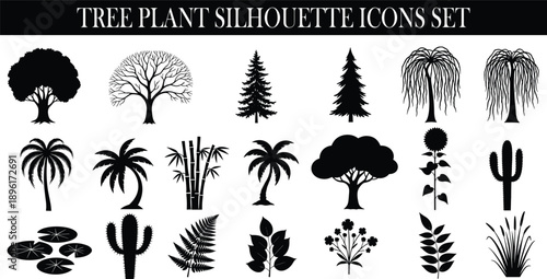 Tree plant silhouette icons set, forest tropical cactus bamboo palm leaves flowers collection, black botanical nature vector illustration design graphics