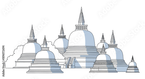 Buddhist temple complex with stupas towers.