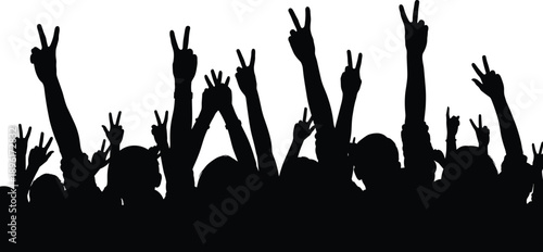 Silhouette crowd raising hands with peace sign celebrating unity freedom protest festival concept isolated on white background minimal social movement