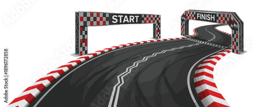 Realistic race track road vector illustration with start and finish line checkered gate arch isolated on white background for sport competition
