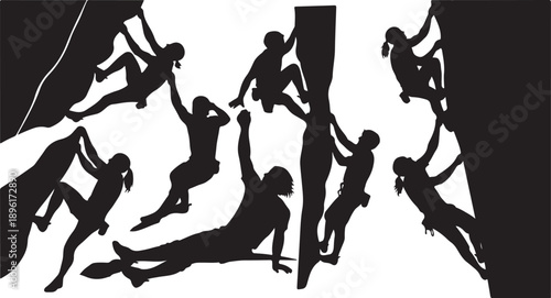 Silhouette of people climbing a wall together
