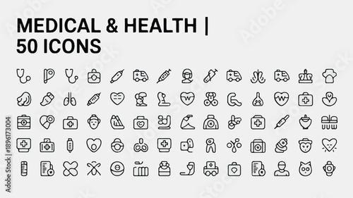 Medical and Health Icons Collection Featuring Various Symbols and Illustrations