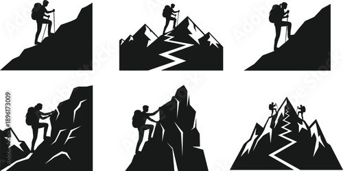Silhouette mountain climbers hiking rocky peaks symbolizing adventure challenge success leadership determination outdoor exploration concept isolated white background vector design