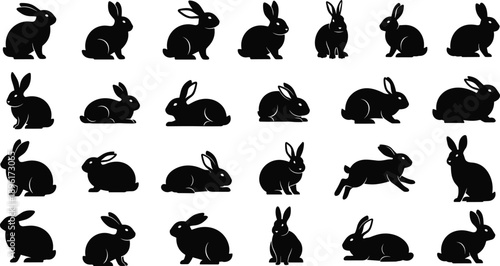 Silhouette rabbit and bunny poses collection showing different sitting resting running positions cute animal wildlife illustration set isolated white background