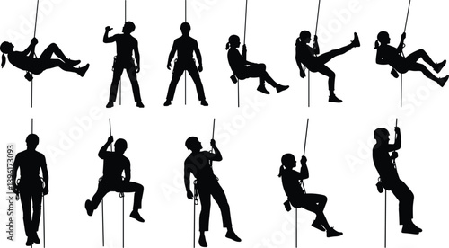 Silhouette rock climbers rappelling on rope in multiple positions showing safety equipment adventure training industrial and outdoor climbing activity set