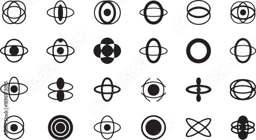 Minimalist abstract atom and orbital patterns - black and white vector icons
