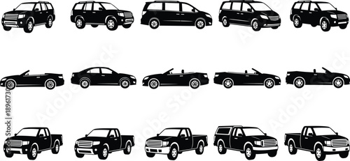 Silhouette set of cars SUVs sedans convertibles and pickup trucks showing modern vehicle types transportation icons isolated white background vector design