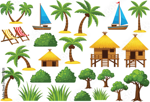 Large collection of tropical island beach elements featuring palm trees, bamboo huts, sailboats, deck chairs, and lush green bushes for summer vacation travel design.