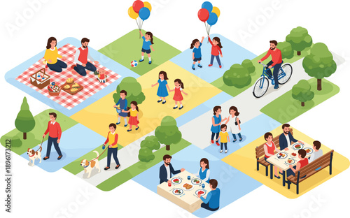 Isometric people and family park activities collection featuring picnic dining cycling dog walking and children playing with balloons for urban lifestyle community graphic design.