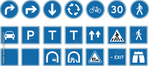 Blue mandatory road traffic signs set including direction arrows, parking, pedestrian, bicycle, speed limit and exit symbols for transportation safety and navigation design