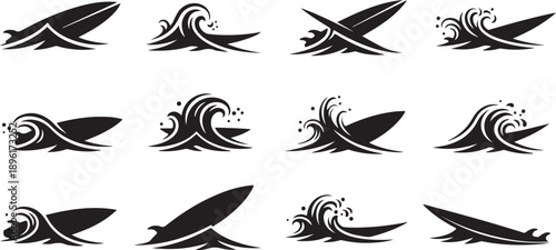 Surfboard wave icons set black and white
