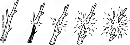 Broken wooden stick cracking sequence illustration with impact burst effect, damage destruction process concept, object breaking stages isolated on background