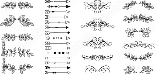 Set of hand drawn decorative dividers, bohemian arrows, and floral laurels with elegant swirls for wedding invitations, stationary design, and minimalist branding elements.