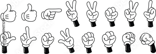 Set of cartoon gloved hand gestures including thumbs up, pointing finger, victory sign, fist, and counting signals for mascot character design and icons.