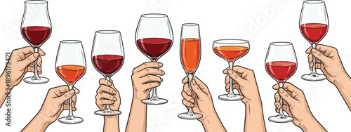 Hand holding wine glass vector set collection of people toasting with red white and champagne alcohol drink isolated on white background for party