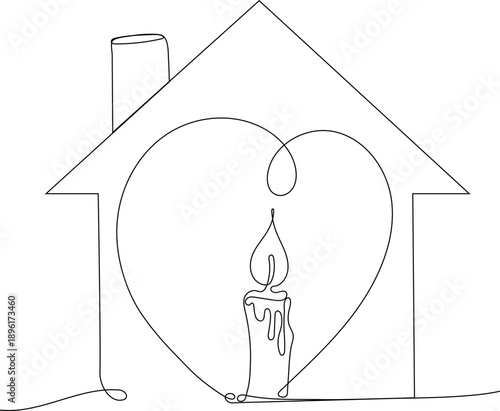ector illustration of a house with a heart containing a burning candle, drawn in continuous line style. Symbol of longing for home, grief, loss, and emotional sorrow