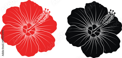Red and Black Hibiscus Flower Vector Illustration, Tropical Hawaiian Floral Design Elements, Exotic Mallow Blooms, Botanical Summer Nature Icons, Isolated Garden Plants