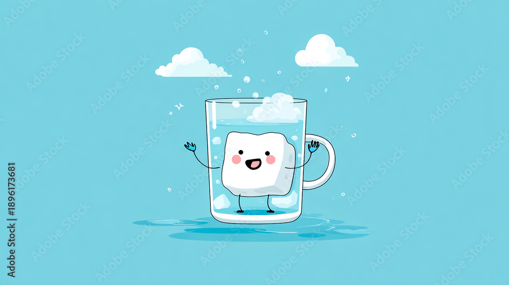 Naklejka premium A cute ice character is floating in the glass of water