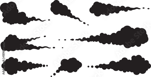 Black smoke puffs on white background illustration set