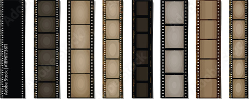 Vintage film strip vector set collection of retro cinema negative frames and old movie photo tapes isolated on white background for photography design