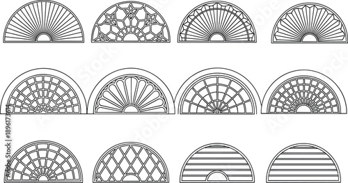 Collection of decorative semicircular fanlight window designs in black outline style, classic architectural elements, vintage transom windows for vector illustration and design use