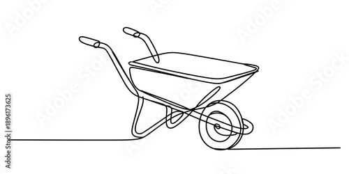 A minimalist single continuous line art drawing of a wheelbarrow on a white background