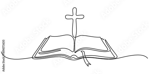 Continuous line art drawing of an open bible with a christian cross symbolizing faith